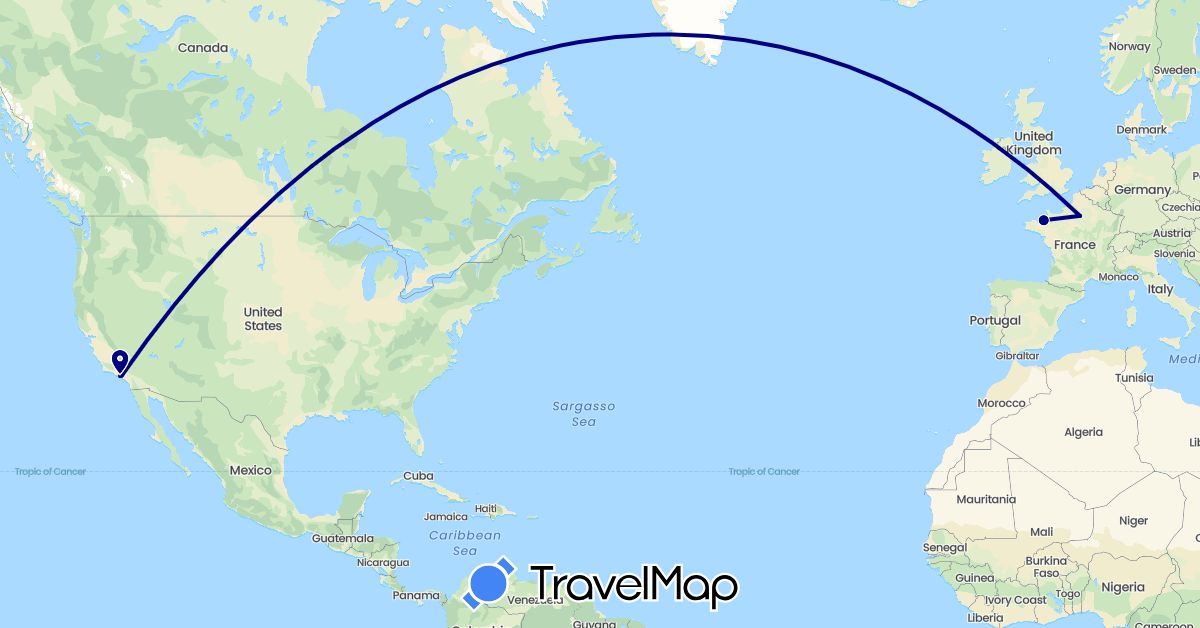 TravelMap itinerary: driving in France, United States (Europe, North America)